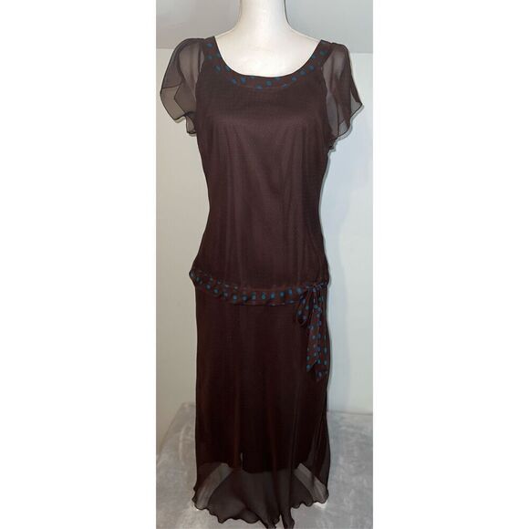 Y2K Brown & Teal Drop Waist Maxi-Midi Chiffon Dress 12 - Picture 3 of 10